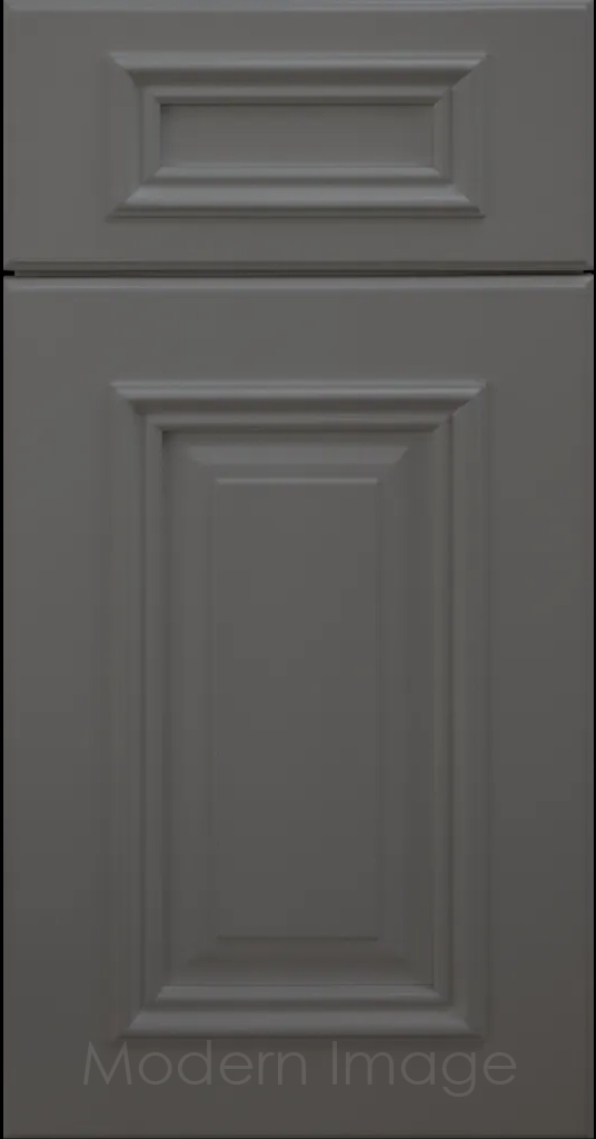 Hamilton cabinet door in Gun Metal color with double raised panel and mitered elevated molding.